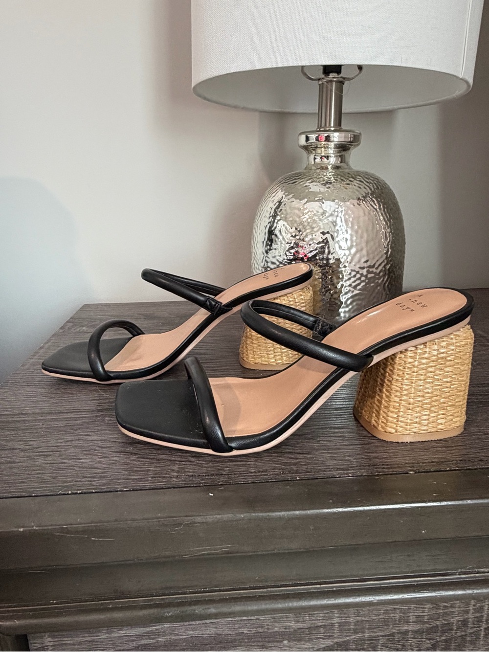 A New Day Black Strappy Woven Block Heel Sandals